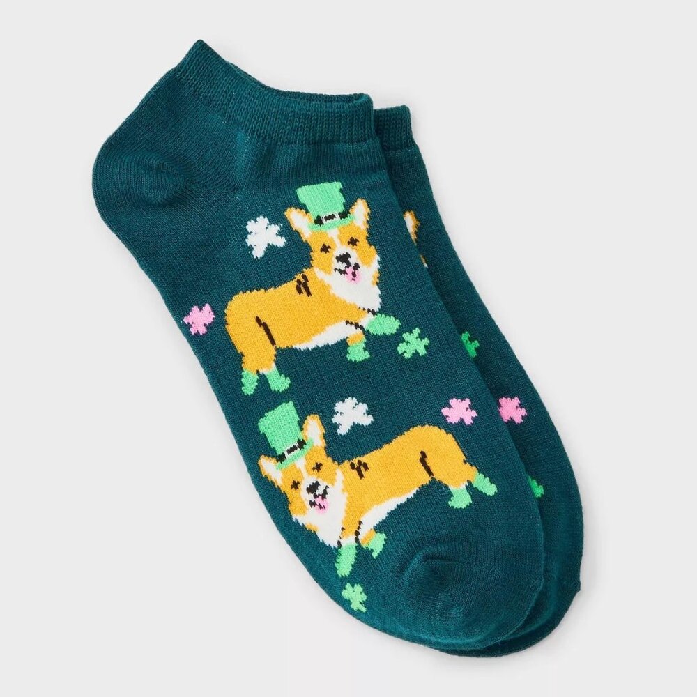 Women's Corgi Leprechaun St. Patrick's Day Low Cut Socks - Green 4-10